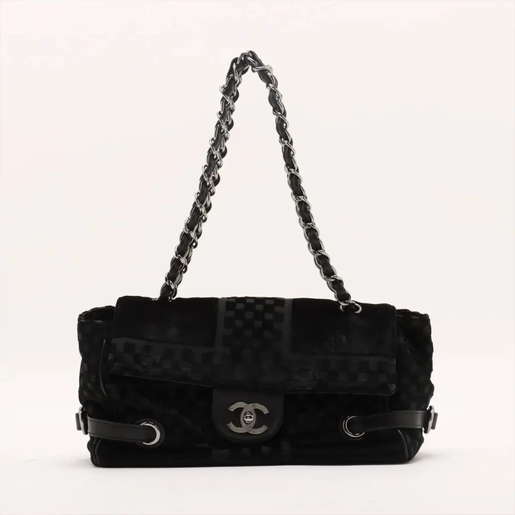 CHANEL ココマーク ベロア シングルフラップ ダブルチェーンバッグ ブラック シルバー金具 高価買取いたしました